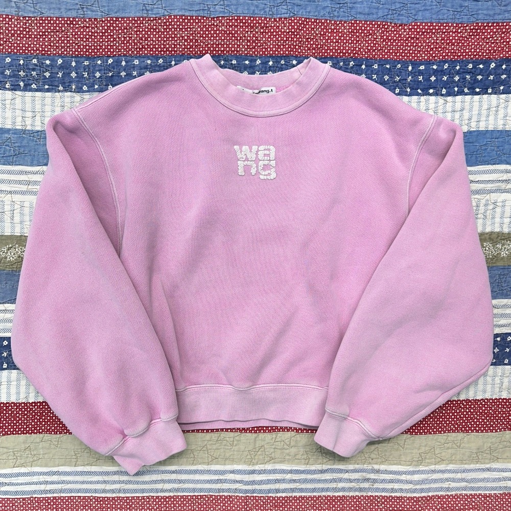 Alexander Wang Oversized Crew Terry Sweatshirt Pink Cropped Sleeve Womens Small